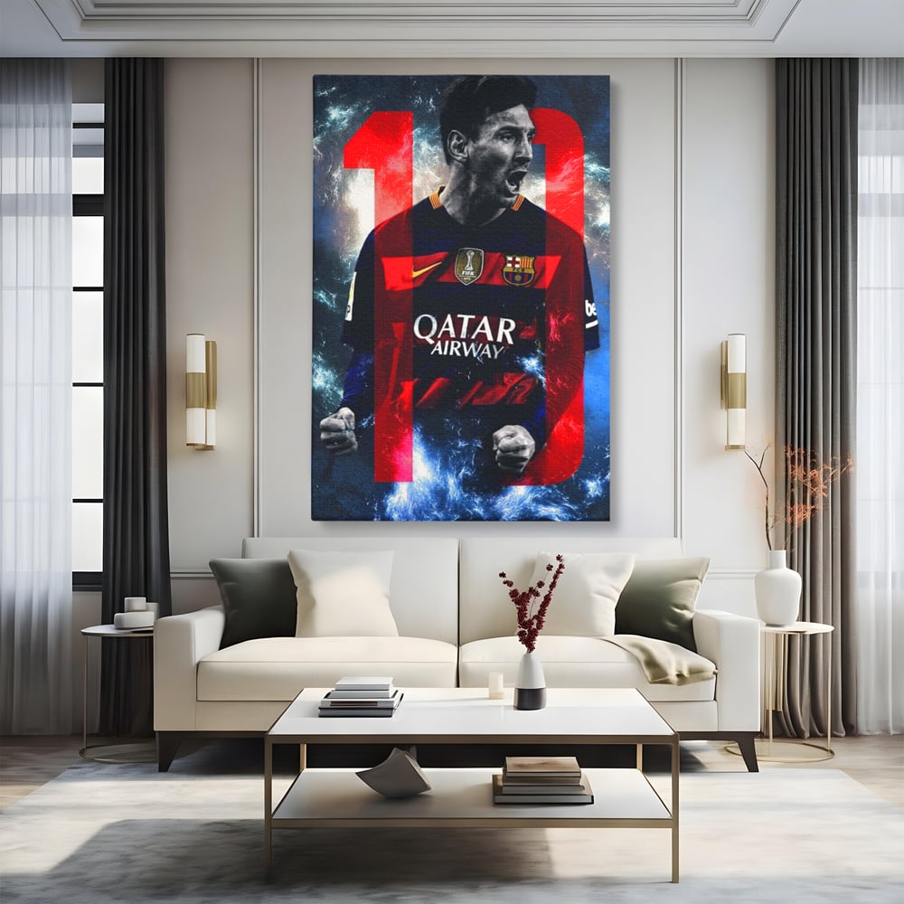 Leinwand Wandkunst Leinwand Wandkunst Premium LuxCanva® A1343, Messi Nr.10 , Wohnen, Fußballer, Ballon d'Or, Sportler, Spielzimmer, Lebendige Farben