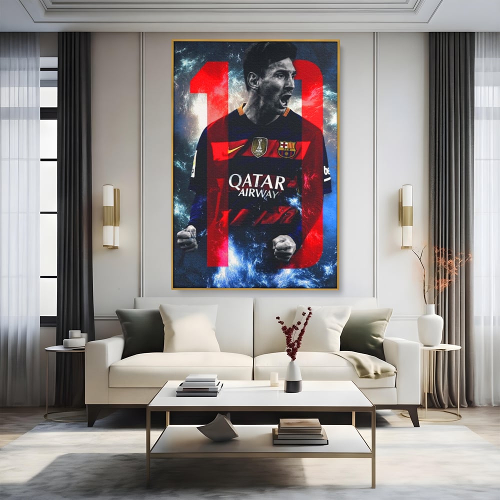 Leinwand Wandkunst Leinwand Wandkunst Premium LuxCanva® A1343, Messi Nr.10 , Wohnen, Fußballer, Ballon d'Or, Sportler, Spielzimmer, Lebendige Farben
