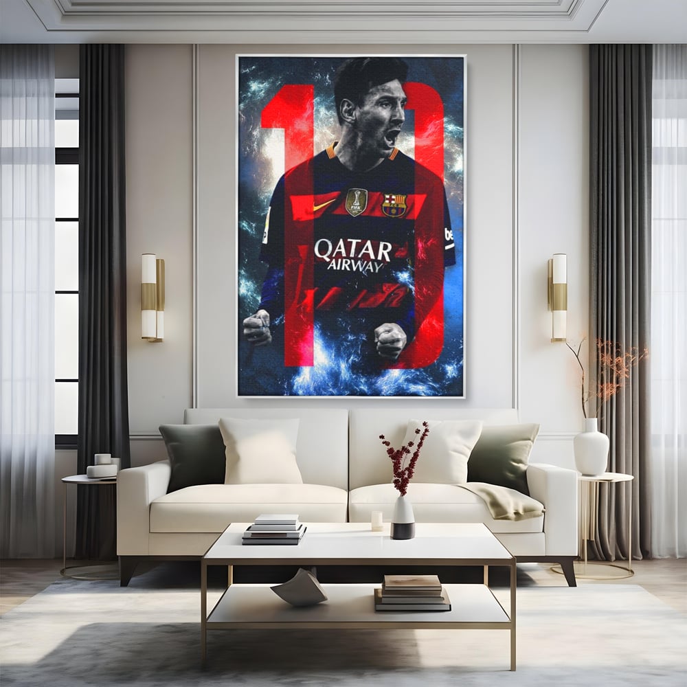 Leinwand Wandkunst Leinwand Wandkunst Premium LuxCanva® A1343, Messi Nr.10 , Wohnen, Fußballer, Ballon d'Or, Sportler, Spielzimmer, Lebendige Farben