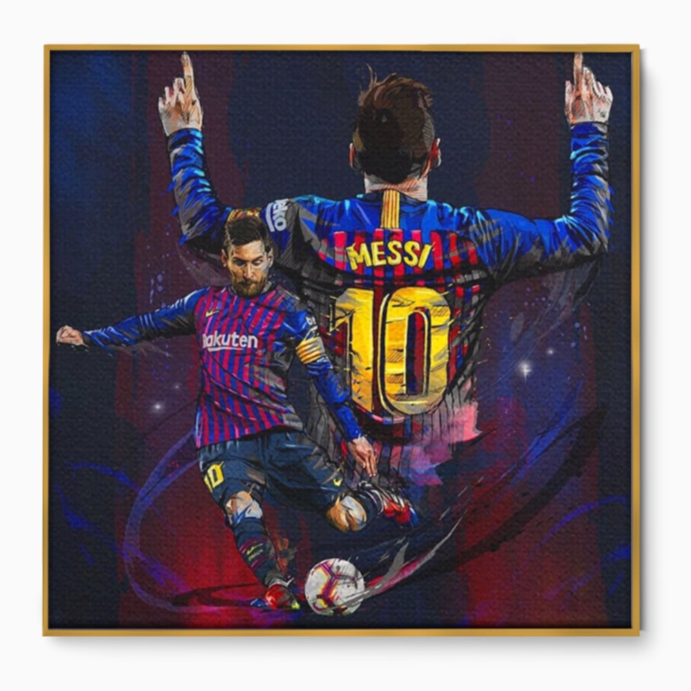 Fotoleinwand Leinwand Premium LuxCanva® A1345, Lionel Messi , Goldener Ball, Fußballer, Legende, Spielzimmer, leuchtende Farben
