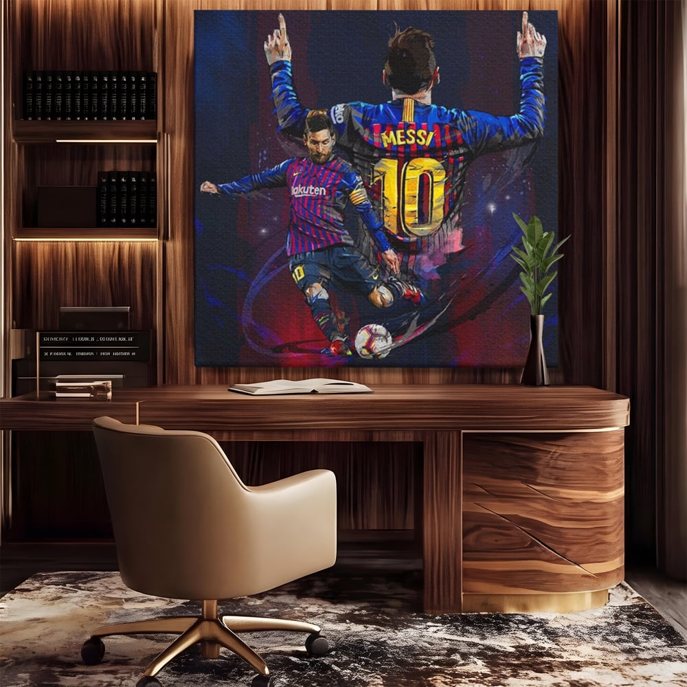 Fotoleinwand Leinwand Premium LuxCanva® A1345, Lionel Messi , Goldener Ball, Fußballer, Legende, Spielzimmer, leuchtende Farben