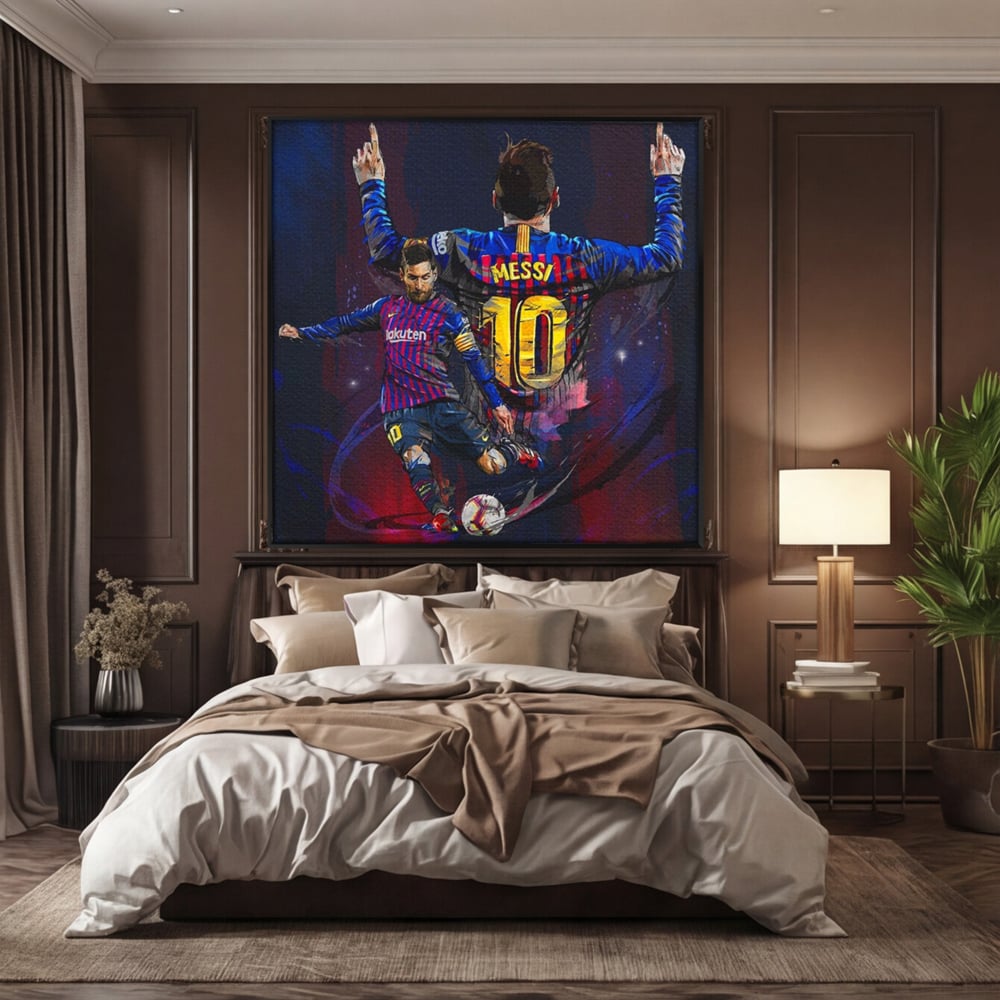 Fotoleinwand Leinwand Premium LuxCanva® A1345, Lionel Messi , Goldener Ball, Fußballer, Legende, Spielzimmer, leuchtende Farben