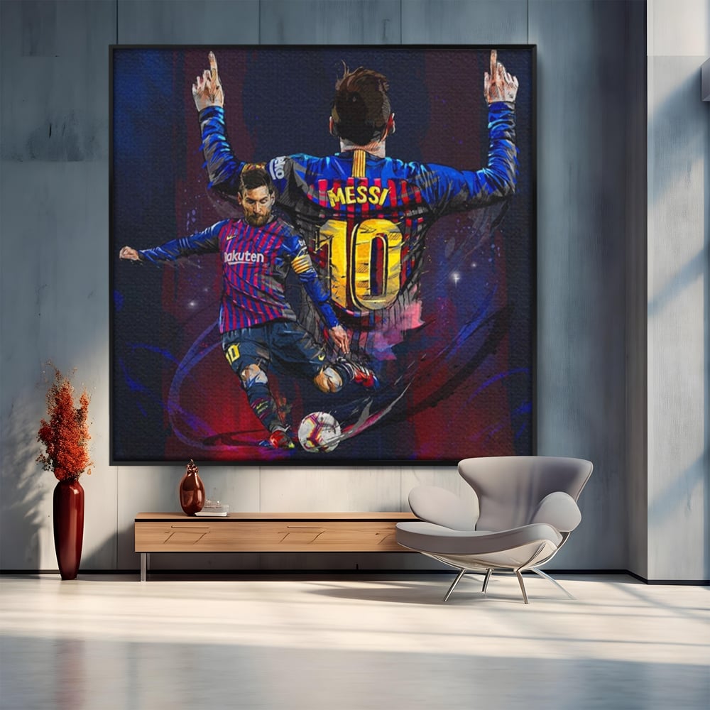 Fotoleinwand Leinwand Premium LuxCanva® A1345, Lionel Messi , Goldener Ball, Fußballer, Legende, Spielzimmer, leuchtende Farben