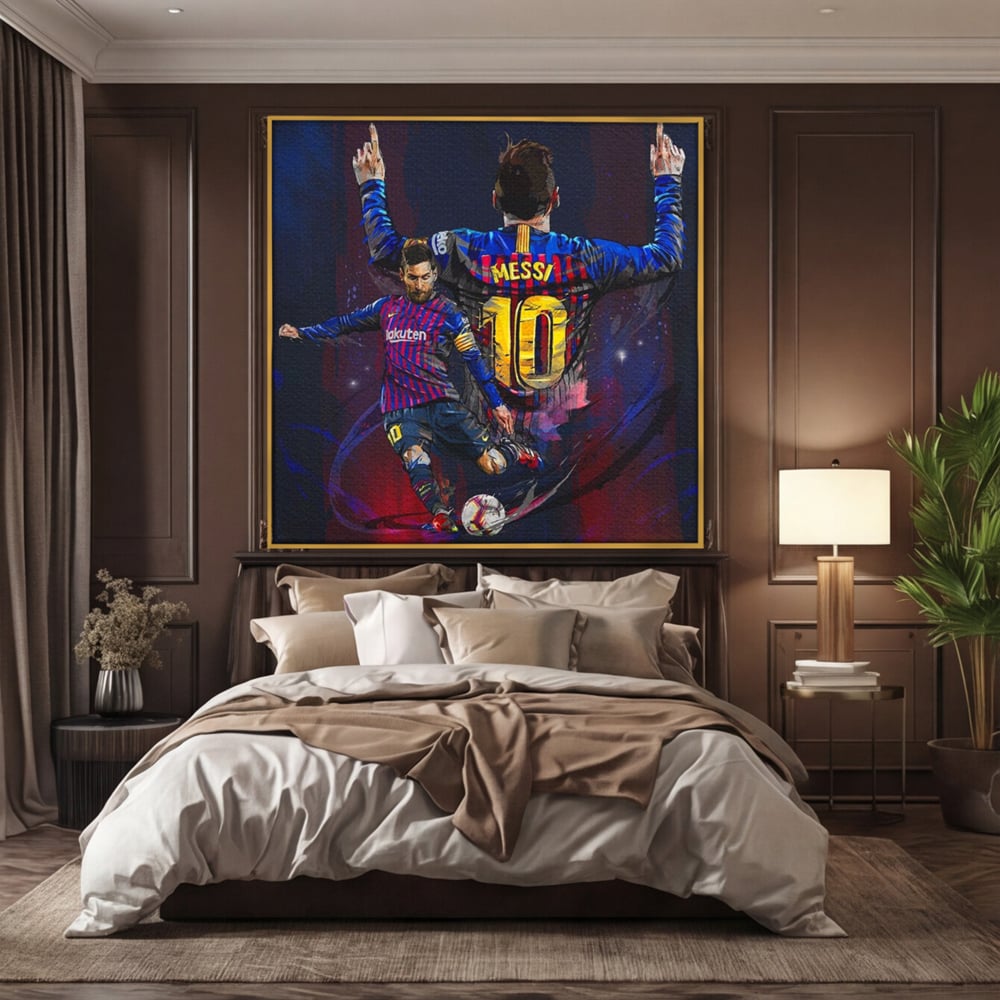 Fotoleinwand Leinwand Premium LuxCanva® A1345, Lionel Messi , Goldener Ball, Fußballer, Legende, Spielzimmer, leuchtende Farben
