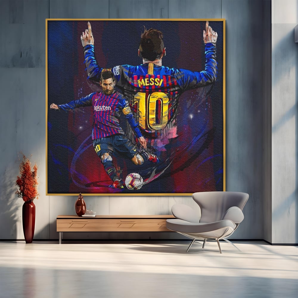 Fotoleinwand Leinwand Premium LuxCanva® A1345, Lionel Messi , Goldener Ball, Fußballer, Legende, Spielzimmer, leuchtende Farben