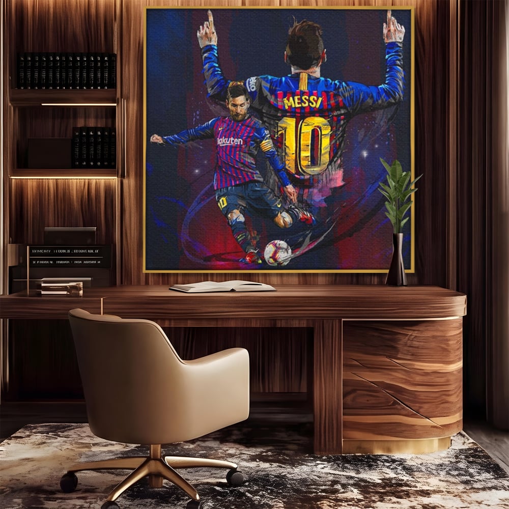 Fotoleinwand Leinwand Premium LuxCanva® A1345, Lionel Messi , Goldener Ball, Fußballer, Legende, Spielzimmer, leuchtende Farben