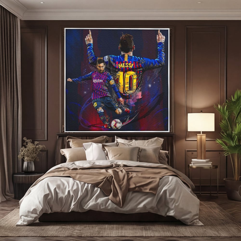 Fotoleinwand Leinwand Premium LuxCanva® A1345, Lionel Messi , Goldener Ball, Fußballer, Legende, Spielzimmer, leuchtende Farben