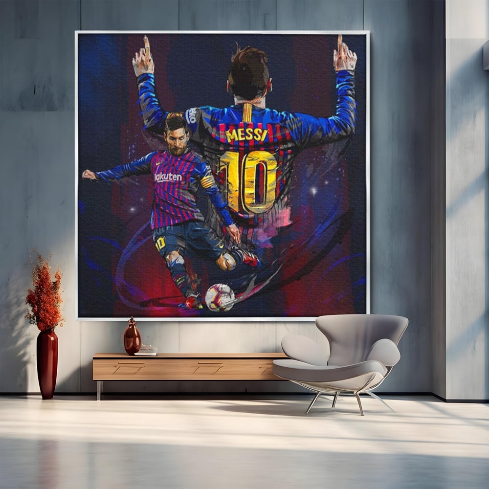 Fotoleinwand Leinwand Premium LuxCanva® A1345, Lionel Messi , Goldener Ball, Fußballer, Legende, Spielzimmer, leuchtende Farben