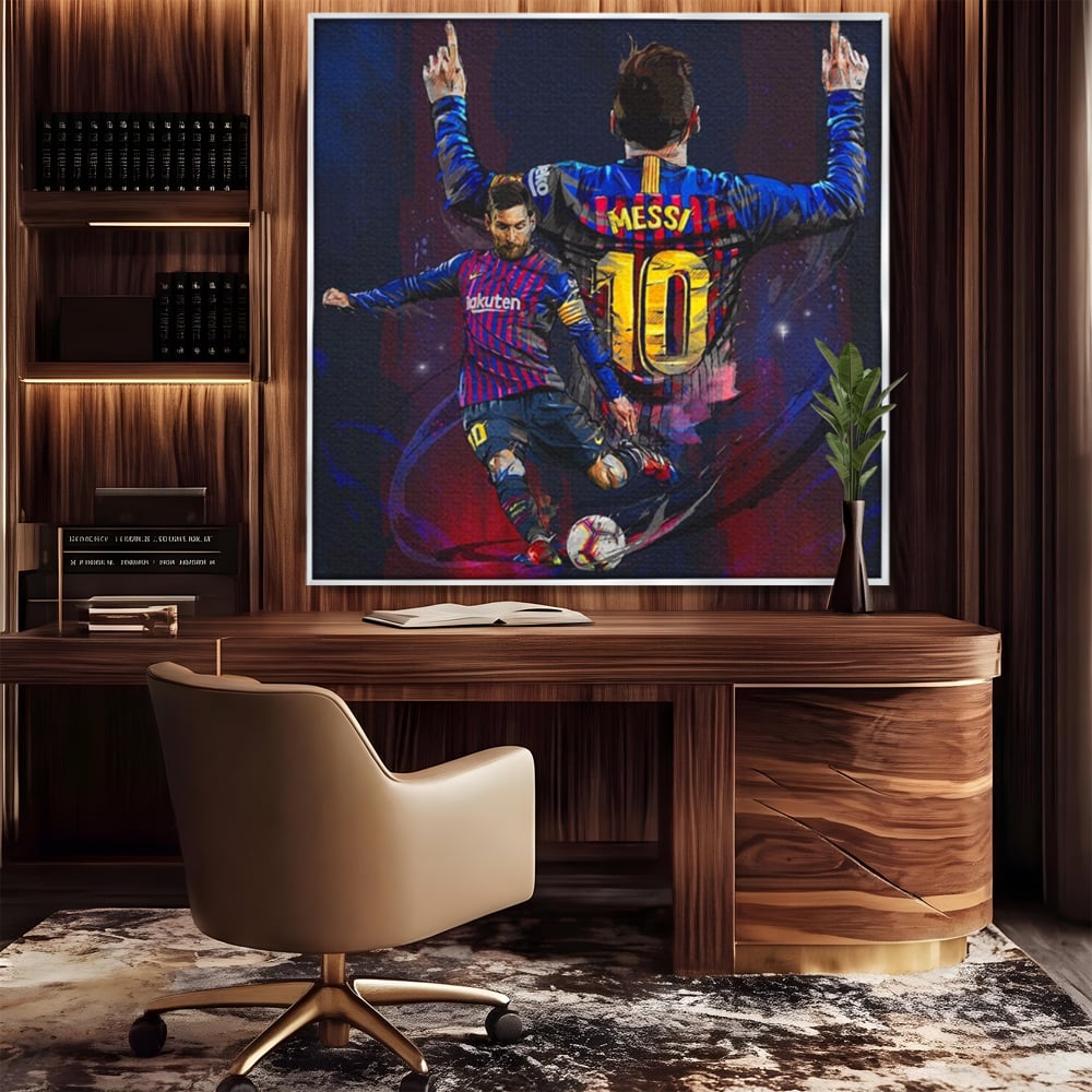 Fotoleinwand Leinwand Premium LuxCanva® A1345, Lionel Messi , Goldener Ball, Fußballer, Legende, Spielzimmer, leuchtende Farben