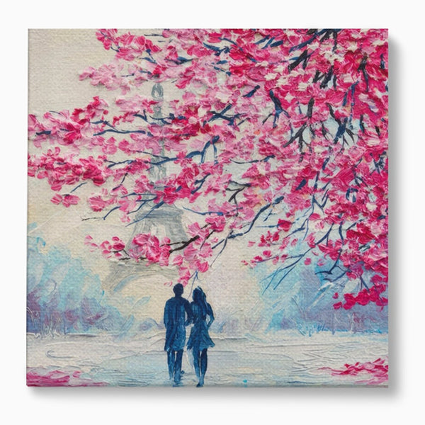 Tablou Canvas Premium LuxCanva® A1347, Pink Tree , Studio, Cuplu, Romantic, Turnul Eiffel, Iubire, Culori Vibrante
