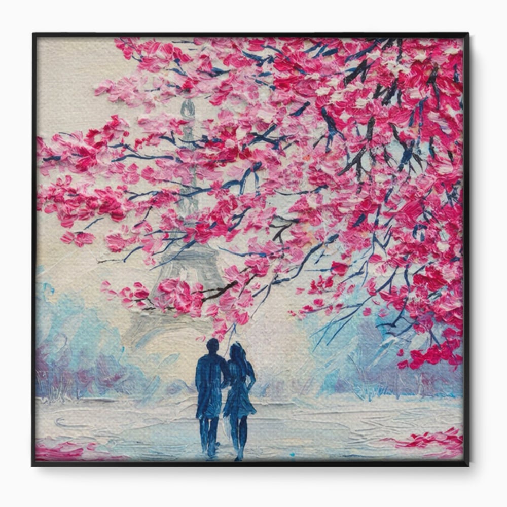 Tablou Canvas Premium LuxCanva® A1347, Pink Tree , Studio, Cuplu, Romantic, Turnul Eiffel, Iubire, Culori Vibrante