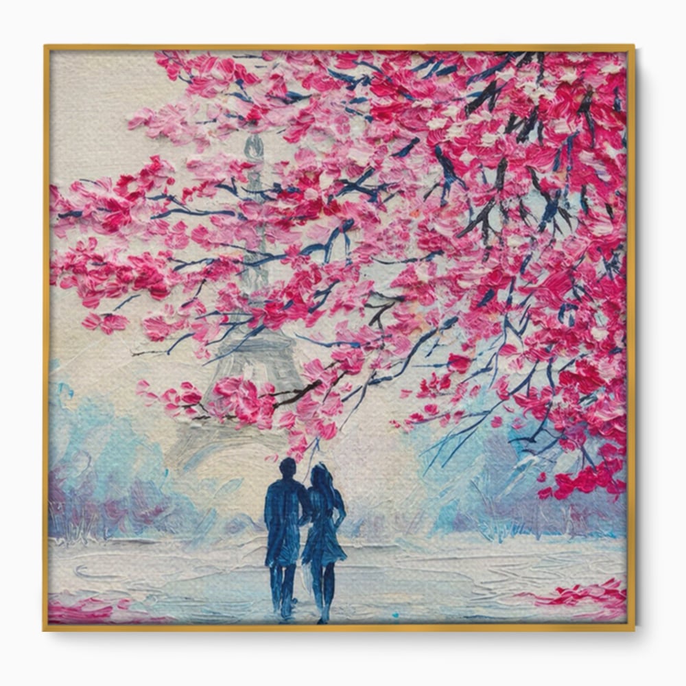 Tablou Canvas Premium LuxCanva® A1347, Pink Tree , Studio, Cuplu, Romantic, Turnul Eiffel, Iubire, Culori Vibrante