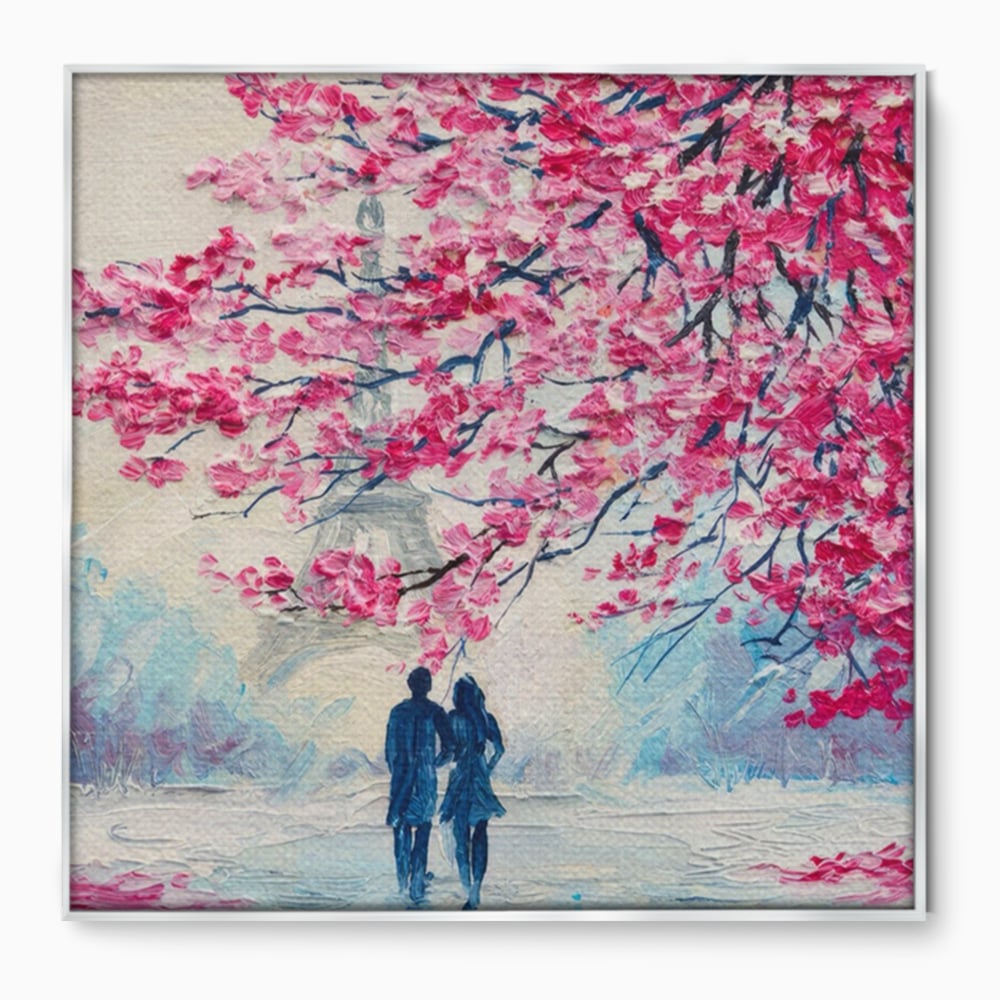 Tablou Canvas Premium LuxCanva® A1347, Pink Tree , Studio, Cuplu, Romantic, Turnul Eiffel, Iubire, Culori Vibrante