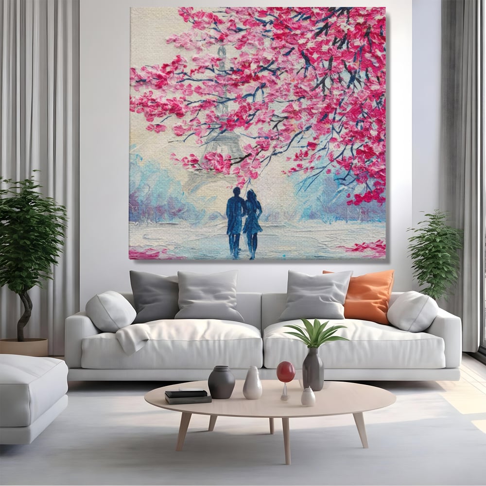 Tablou Canvas Premium LuxCanva® A1347, Pink Tree , Studio, Cuplu, Romantic, Turnul Eiffel, Iubire, Culori Vibrante