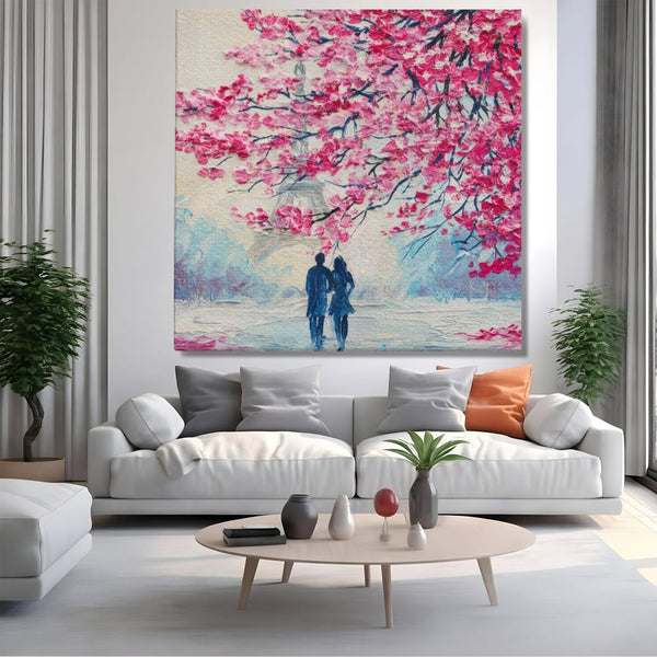 Tablou Canvas Premium LuxCanva® A1347, Pink Tree , Studio, Cuplu, Romantic, Turnul Eiffel, Iubire, Culori Vibrante