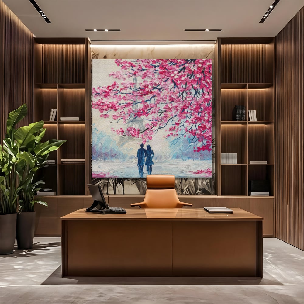 Tablou Canvas Premium LuxCanva® A1347, Pink Tree , Studio, Cuplu, Romantic, Turnul Eiffel, Iubire, Culori Vibrante