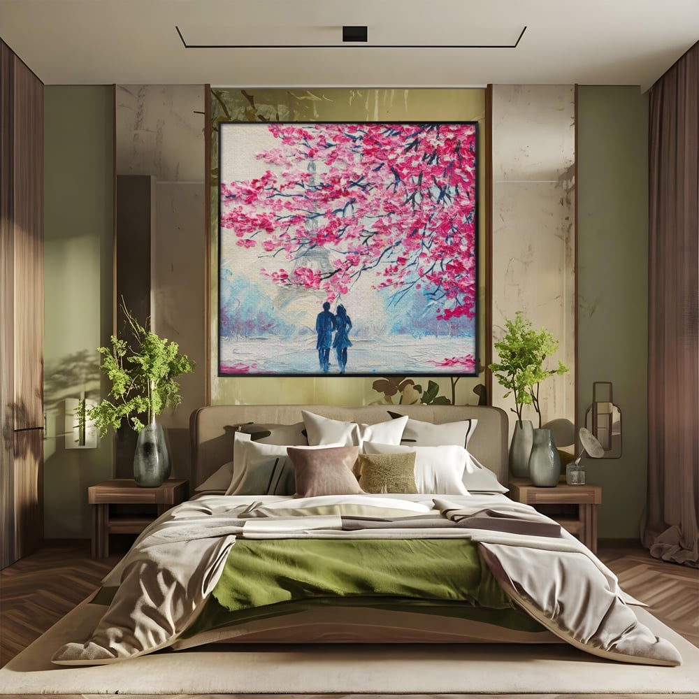 Tablou Canvas Premium LuxCanva® A1347, Pink Tree , Studio, Cuplu, Romantic, Turnul Eiffel, Iubire, Culori Vibrante