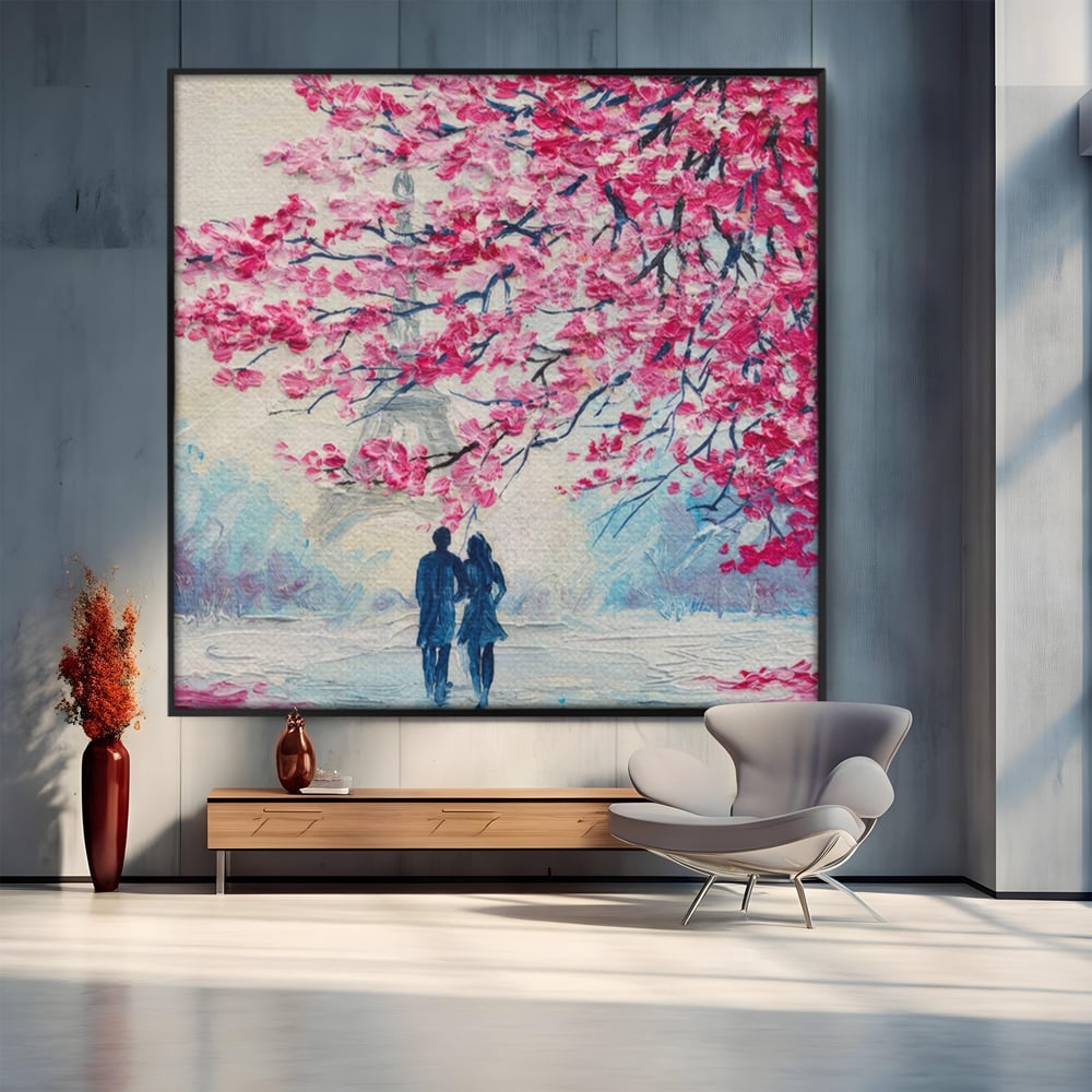 Tablou Canvas Premium LuxCanva® A1347, Pink Tree , Studio, Cuplu, Romantic, Turnul Eiffel, Iubire, Culori Vibrante
