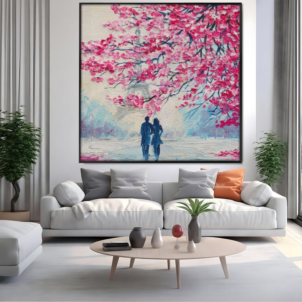 Tablou Canvas Premium LuxCanva® A1347, Pink Tree , Studio, Cuplu, Romantic, Turnul Eiffel, Iubire, Culori Vibrante