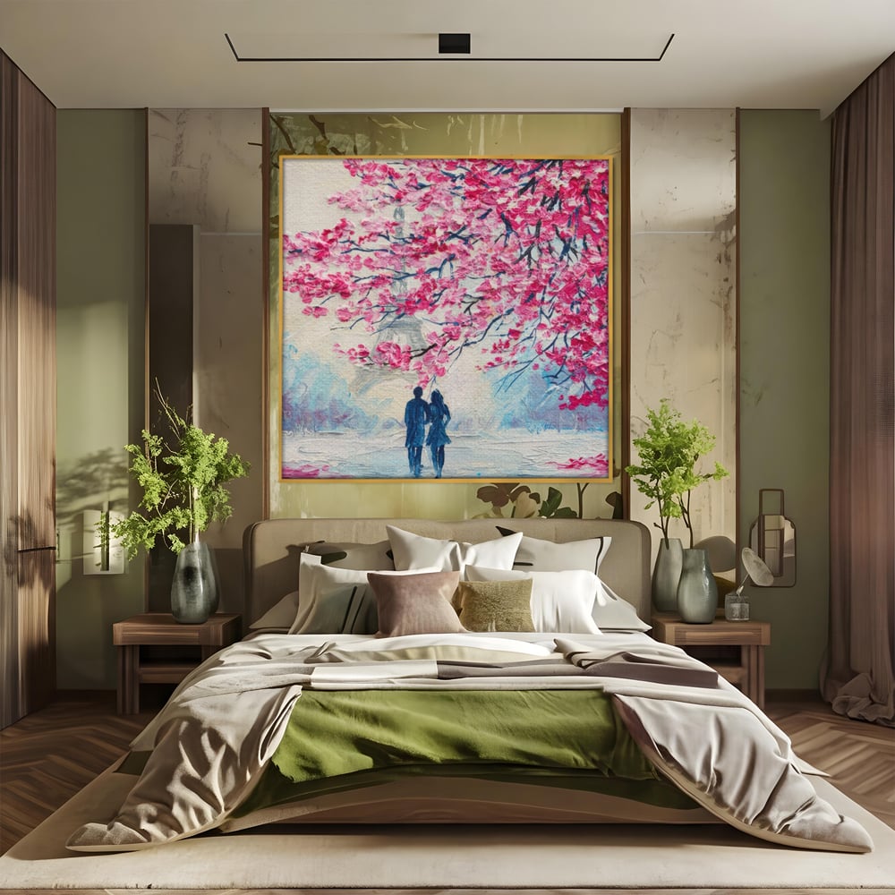 Tablou Canvas Premium LuxCanva® A1347, Pink Tree , Studio, Cuplu, Romantic, Turnul Eiffel, Iubire, Culori Vibrante