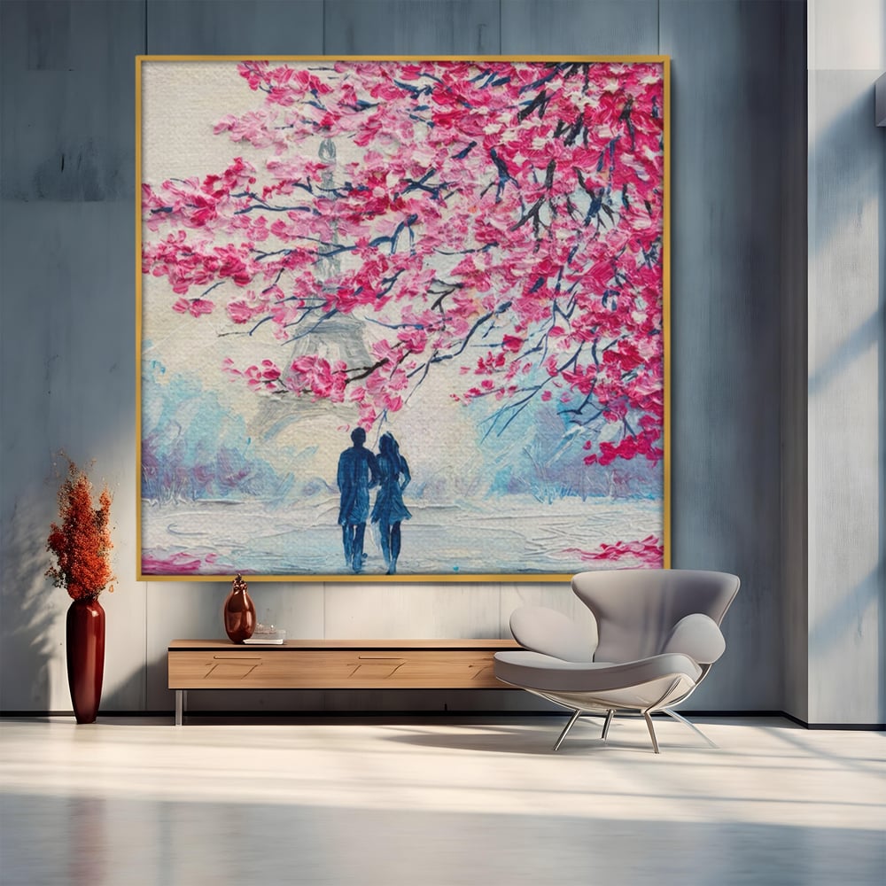 Tablou Canvas Premium LuxCanva® A1347, Pink Tree , Studio, Cuplu, Romantic, Turnul Eiffel, Iubire, Culori Vibrante