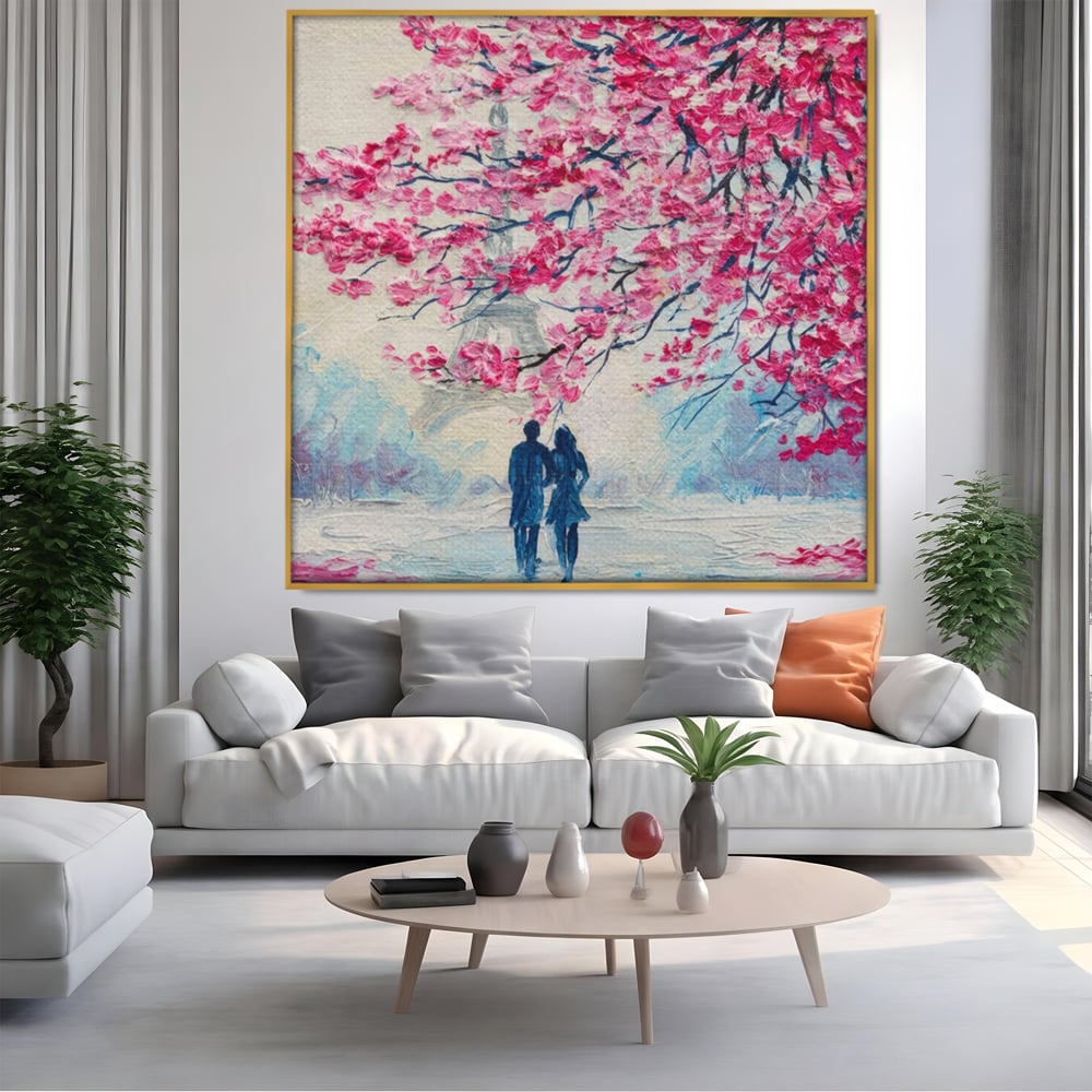 Tablou Canvas Premium LuxCanva® A1347, Pink Tree , Studio, Cuplu, Romantic, Turnul Eiffel, Iubire, Culori Vibrante