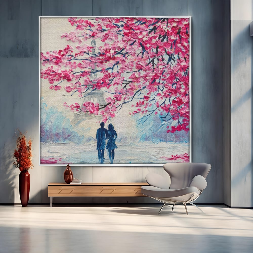Tablou Canvas Premium LuxCanva® A1347, Pink Tree , Studio, Cuplu, Romantic, Turnul Eiffel, Iubire, Culori Vibrante