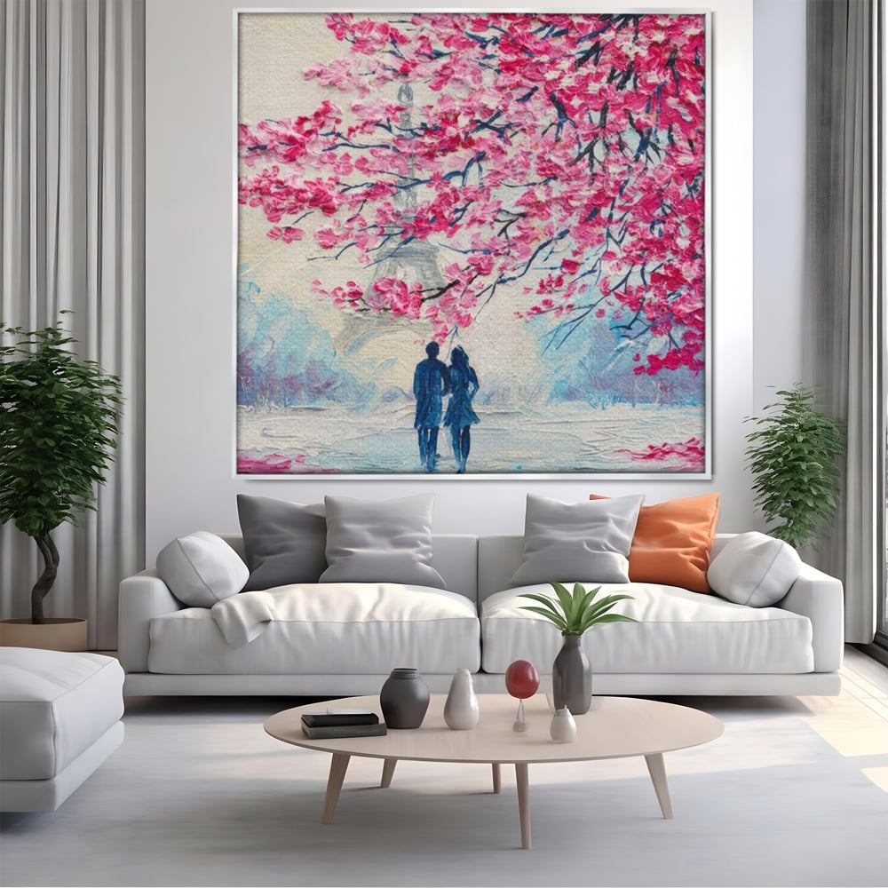 Tablou Canvas Premium LuxCanva® A1347, Pink Tree , Studio, Cuplu, Romantic, Turnul Eiffel, Iubire, Culori Vibrante
