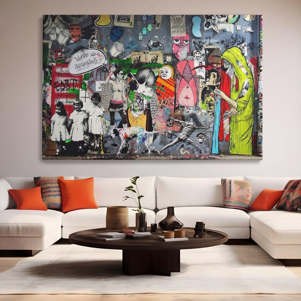 Tablou Canvas Premium LuxCanva® A1348, Banksy Street ,  Living, Graffiti, Artist, Oameni, Culori Vibrante