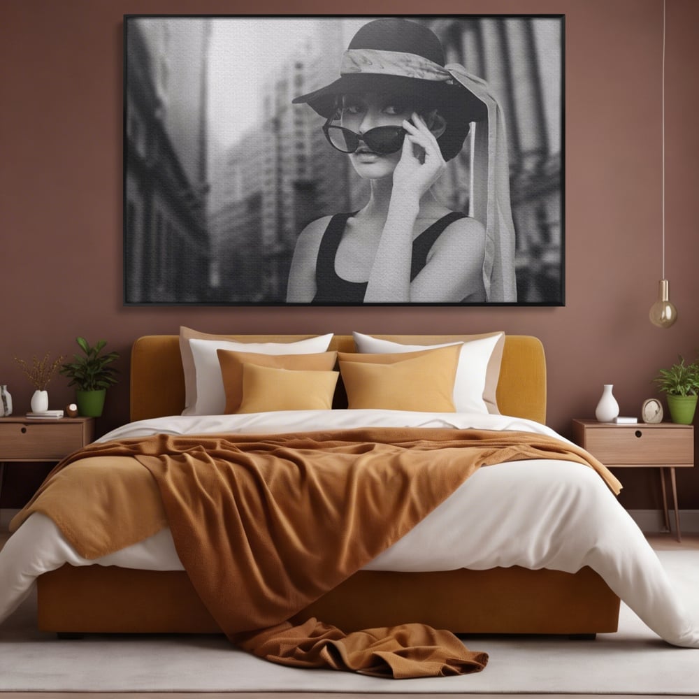 Tablou Canvas Premium LuxCanva® A1356, Beautiful Girl , Frumusete, Oras, Palarie, Ochelari, Living, Alb-Negru