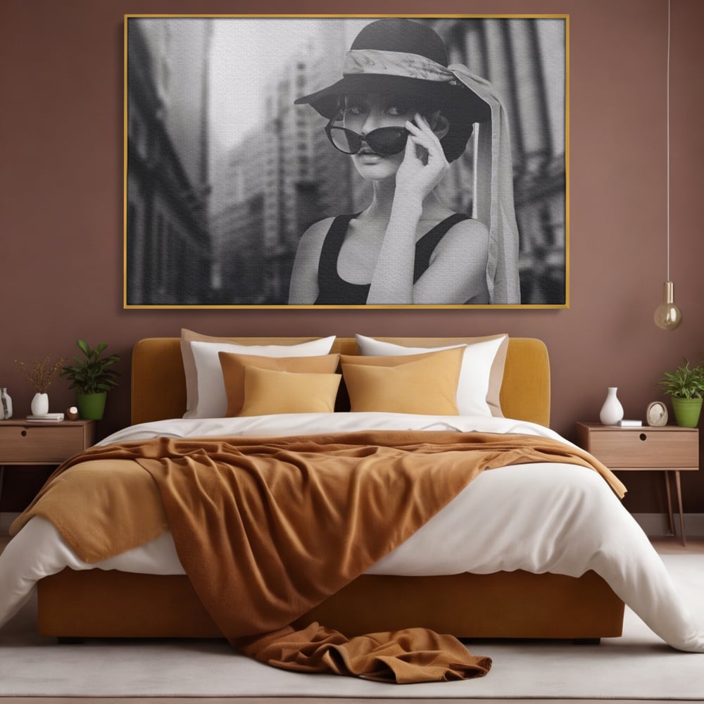 Tablou Canvas Premium LuxCanva® A1356, Beautiful Girl , Frumusete, Oras, Palarie, Ochelari, Living, Alb-Negru