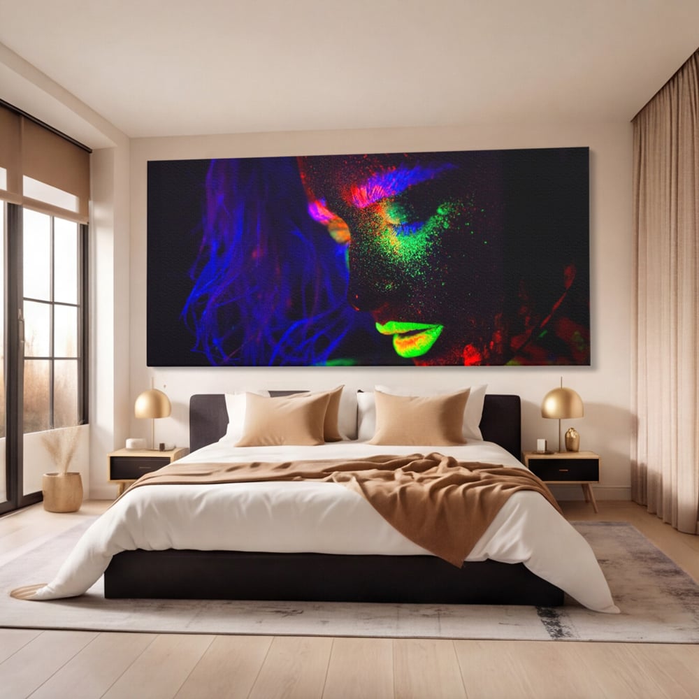Leinwand Premium Canvas Wandkunst LuxCanva® A1357, Buntes Mädchen, Hübsch, Neon, Glitter, Phosphoreszierend, Lebendige Farben