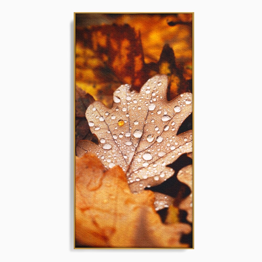 Leinwand Wandkunst Leinwand Wandkunst LuxCanva® A1362, Tautropfen , Lebendig, Blatt, Eiche, Herbst, Bernstein, Natur, Lebendige Farben