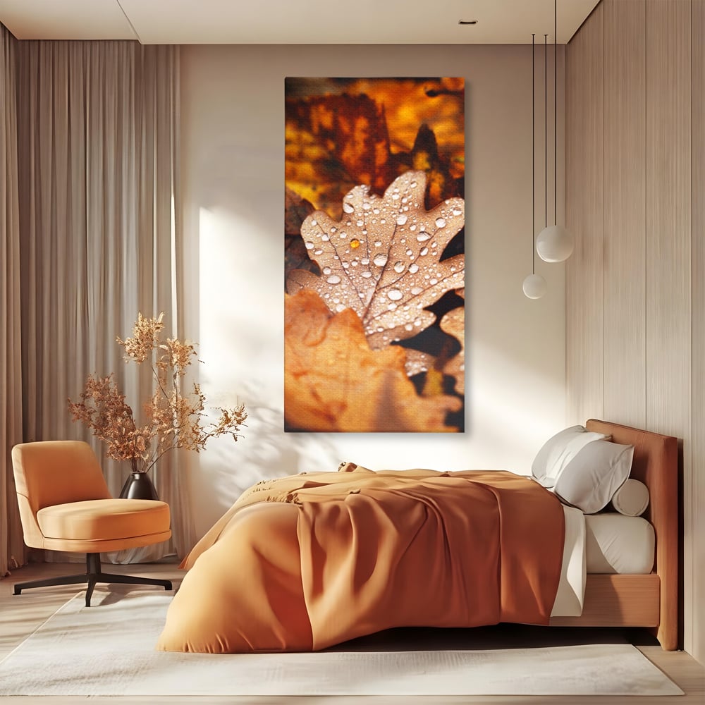 Leinwand Wandkunst Leinwand Wandkunst LuxCanva® A1362, Tautropfen , Lebendig, Blatt, Eiche, Herbst, Bernstein, Natur, Lebendige Farben