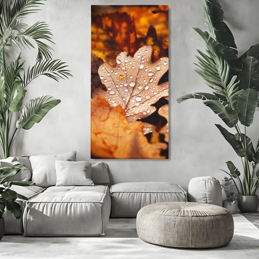 Leinwand Wandkunst Leinwand Wandkunst LuxCanva® A1362, Tautropfen , Lebendig, Blatt, Eiche, Herbst, Bernstein, Natur, Lebendige Farben