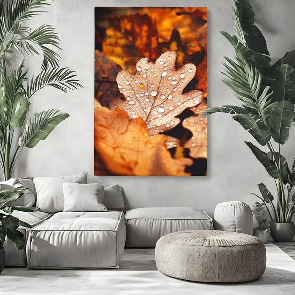 Leinwand Wandkunst Leinwand Wandkunst LuxCanva® A1362, Tautropfen , Lebendig, Blatt, Eiche, Herbst, Bernstein, Natur, Lebendige Farben