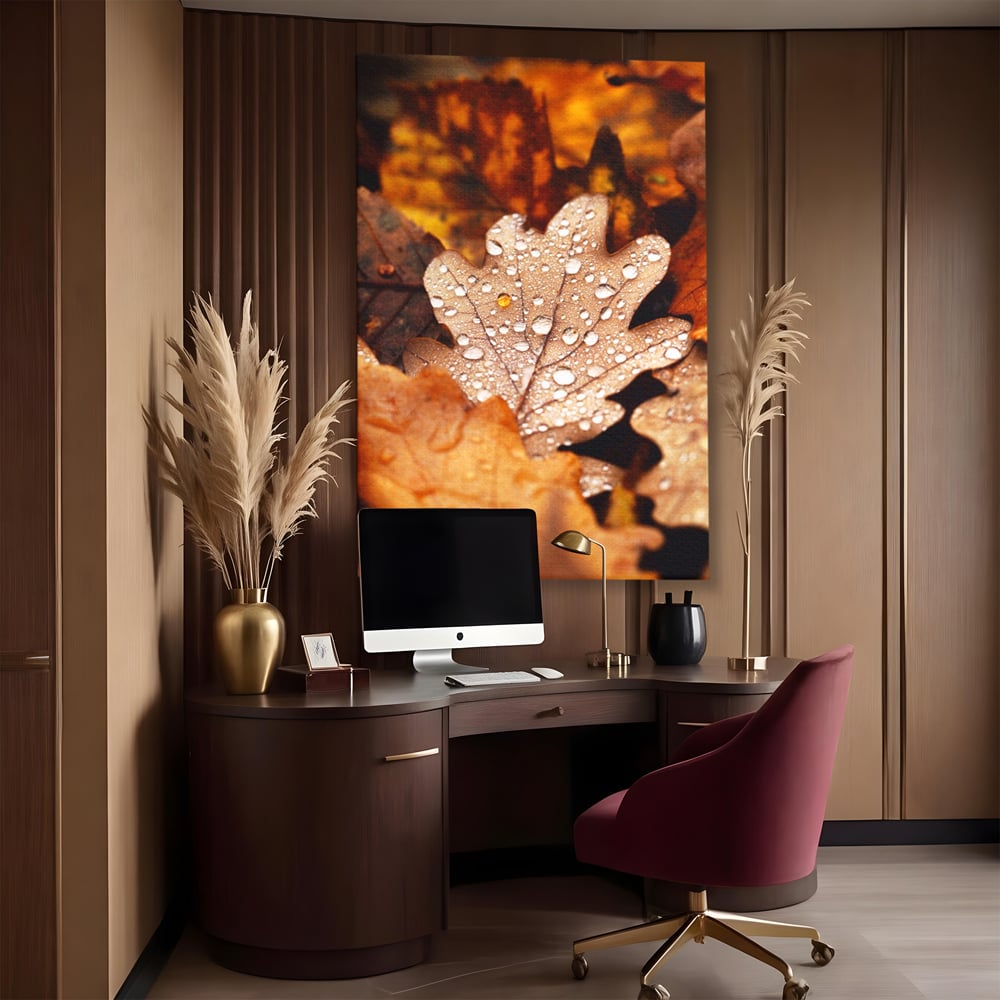 Leinwand Wandkunst Leinwand Wandkunst LuxCanva® A1362, Tautropfen , Lebendig, Blatt, Eiche, Herbst, Bernstein, Natur, Lebendige Farben