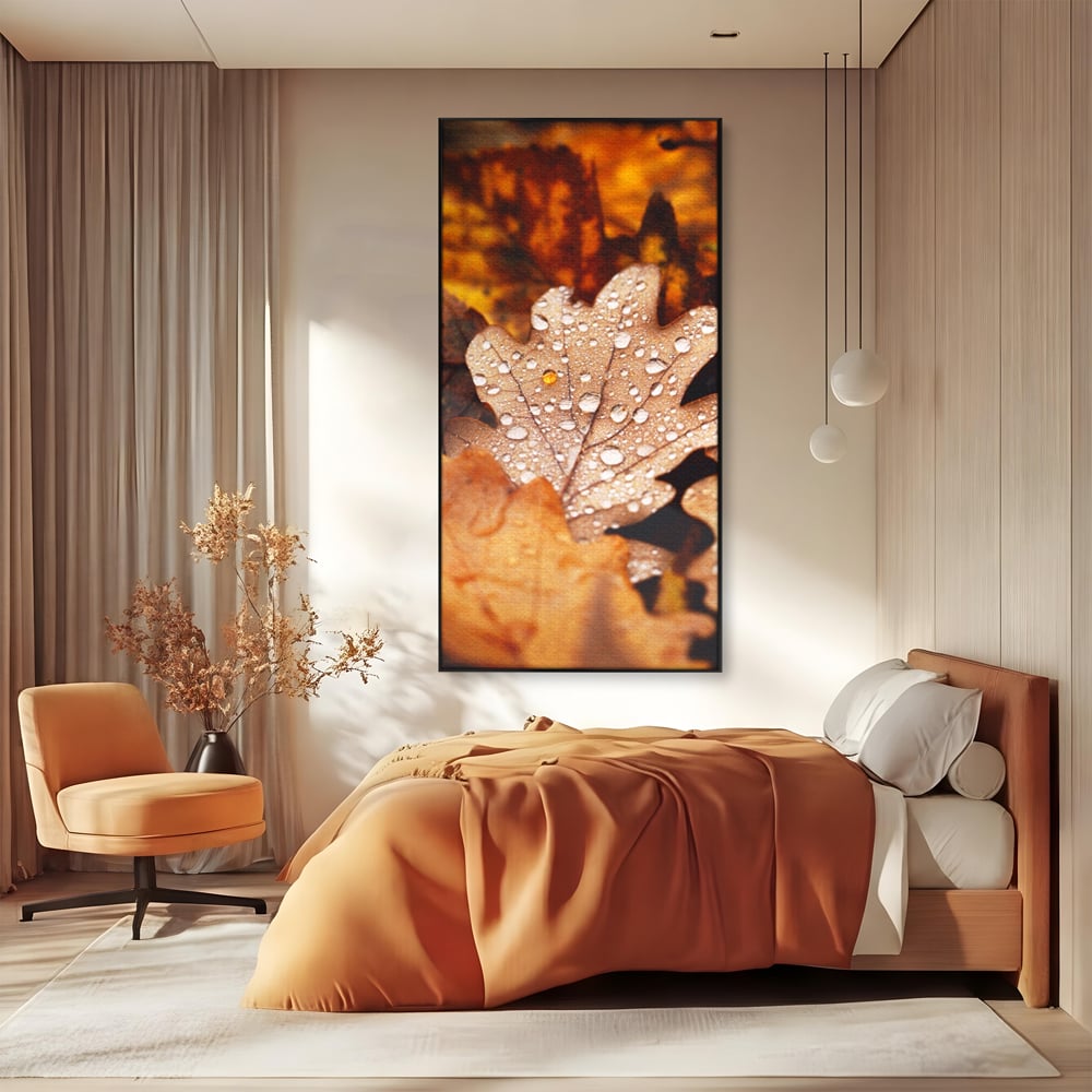Leinwand Wandkunst Leinwand Wandkunst LuxCanva® A1362, Tautropfen , Lebendig, Blatt, Eiche, Herbst, Bernstein, Natur, Lebendige Farben