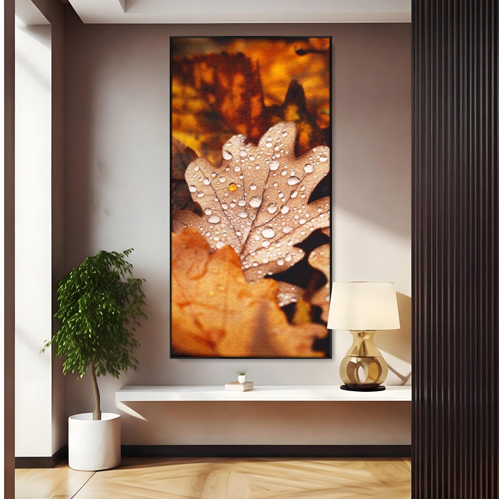 Leinwand Wandkunst Leinwand Wandkunst LuxCanva® A1362, Tautropfen , Lebendig, Blatt, Eiche, Herbst, Bernstein, Natur, Lebendige Farben