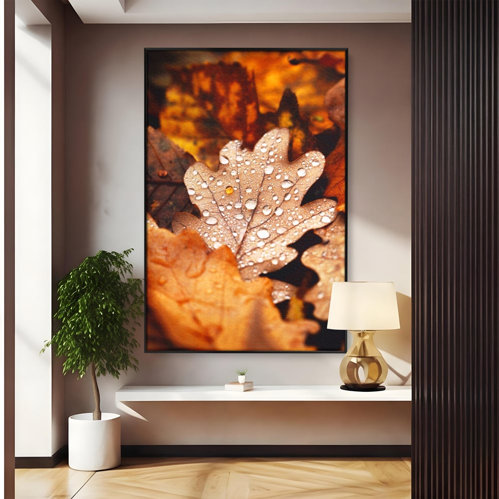 Leinwand Wandkunst Leinwand Wandkunst LuxCanva® A1362, Tautropfen , Lebendig, Blatt, Eiche, Herbst, Bernstein, Natur, Lebendige Farben