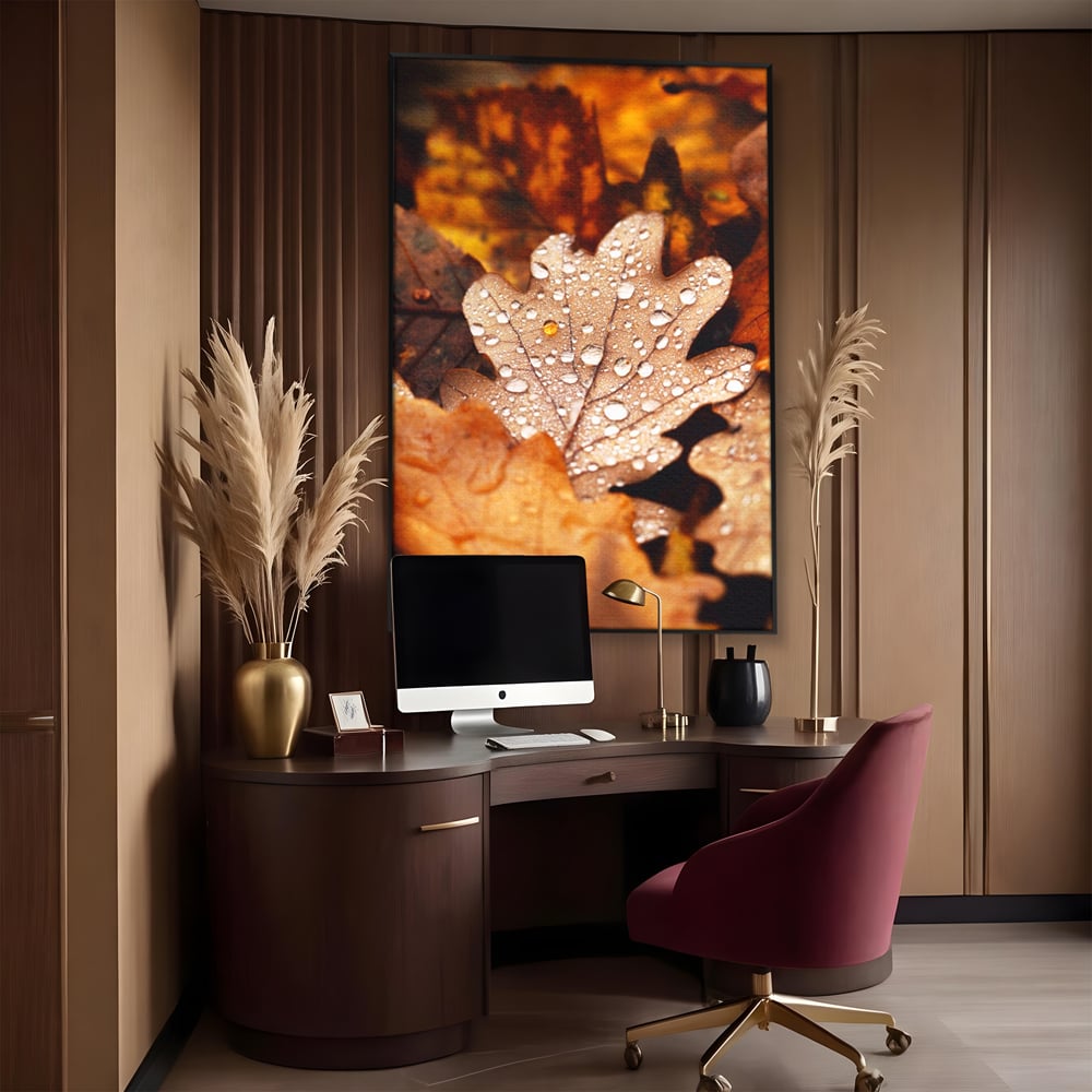 Leinwand Wandkunst Leinwand Wandkunst LuxCanva® A1362, Tautropfen , Lebendig, Blatt, Eiche, Herbst, Bernstein, Natur, Lebendige Farben