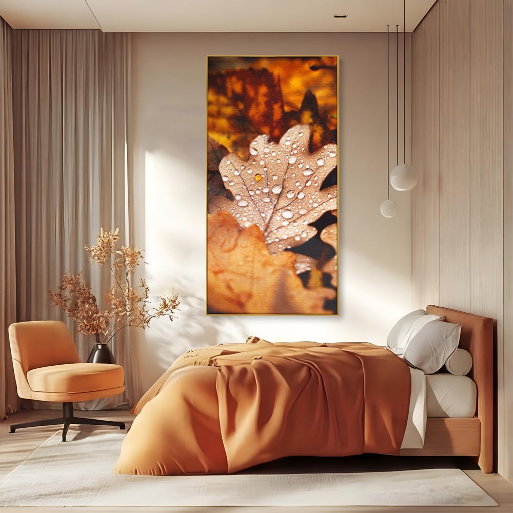 Leinwand Wandkunst Leinwand Wandkunst LuxCanva® A1362, Tautropfen , Lebendig, Blatt, Eiche, Herbst, Bernstein, Natur, Lebendige Farben