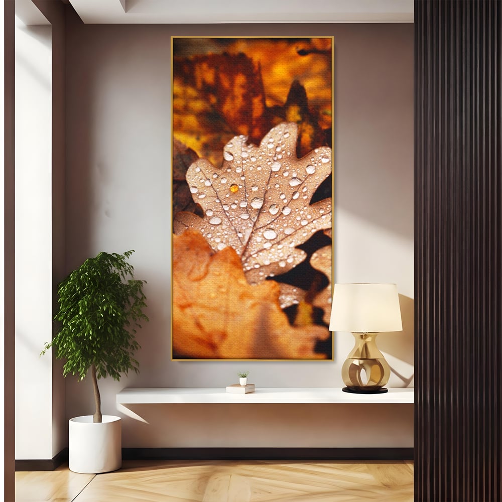 Leinwand Wandkunst Leinwand Wandkunst LuxCanva® A1362, Tautropfen , Lebendig, Blatt, Eiche, Herbst, Bernstein, Natur, Lebendige Farben