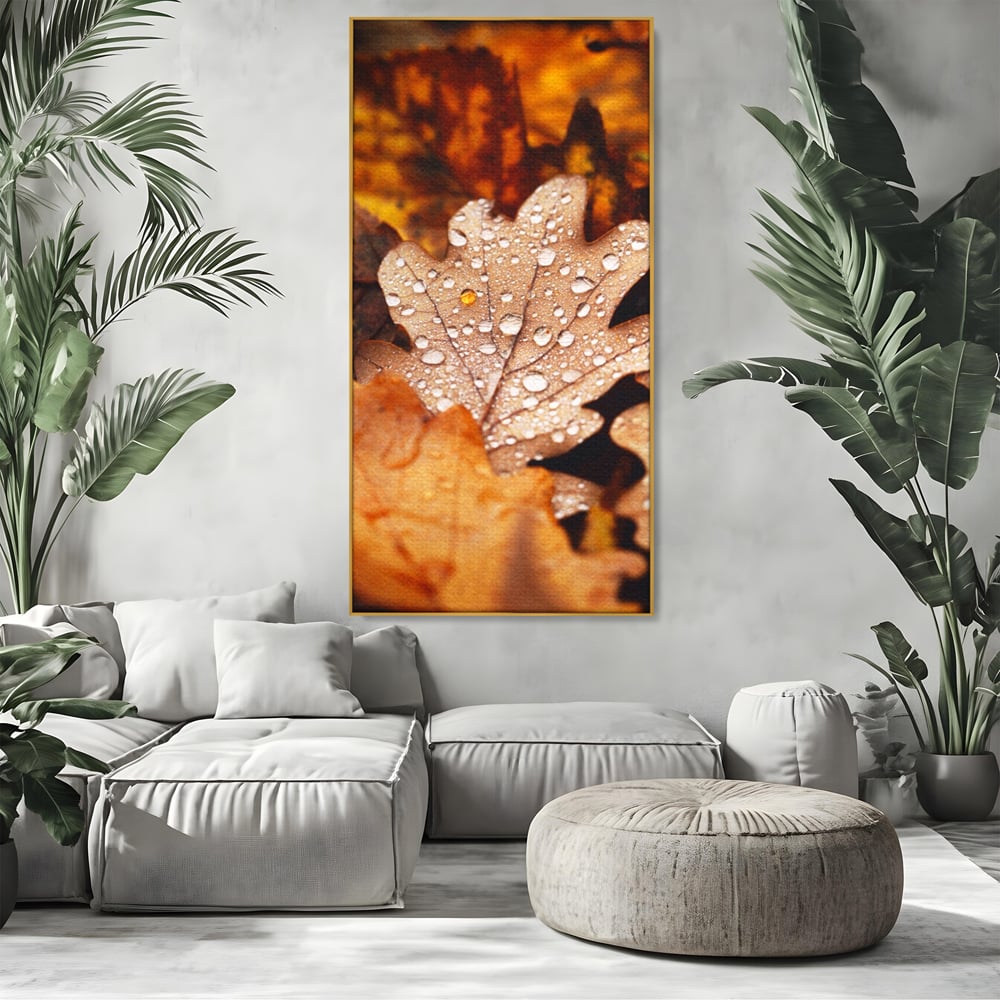 Leinwand Wandkunst Leinwand Wandkunst LuxCanva® A1362, Tautropfen , Lebendig, Blatt, Eiche, Herbst, Bernstein, Natur, Lebendige Farben