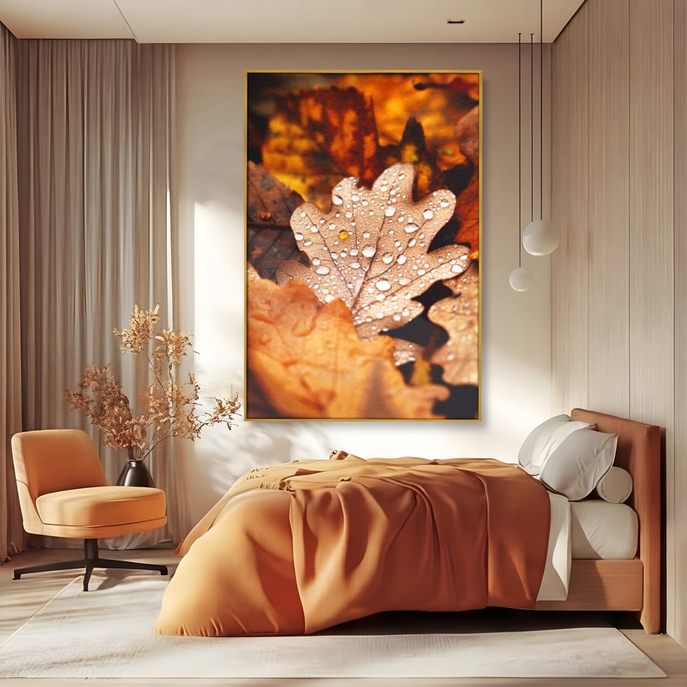Leinwand Wandkunst Leinwand Wandkunst LuxCanva® A1362, Tautropfen , Lebendig, Blatt, Eiche, Herbst, Bernstein, Natur, Lebendige Farben