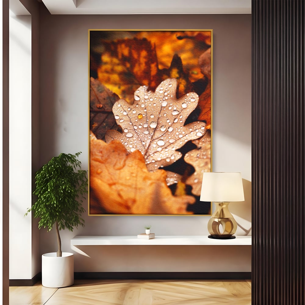 Leinwand Wandkunst Leinwand Wandkunst LuxCanva® A1362, Tautropfen , Lebendig, Blatt, Eiche, Herbst, Bernstein, Natur, Lebendige Farben