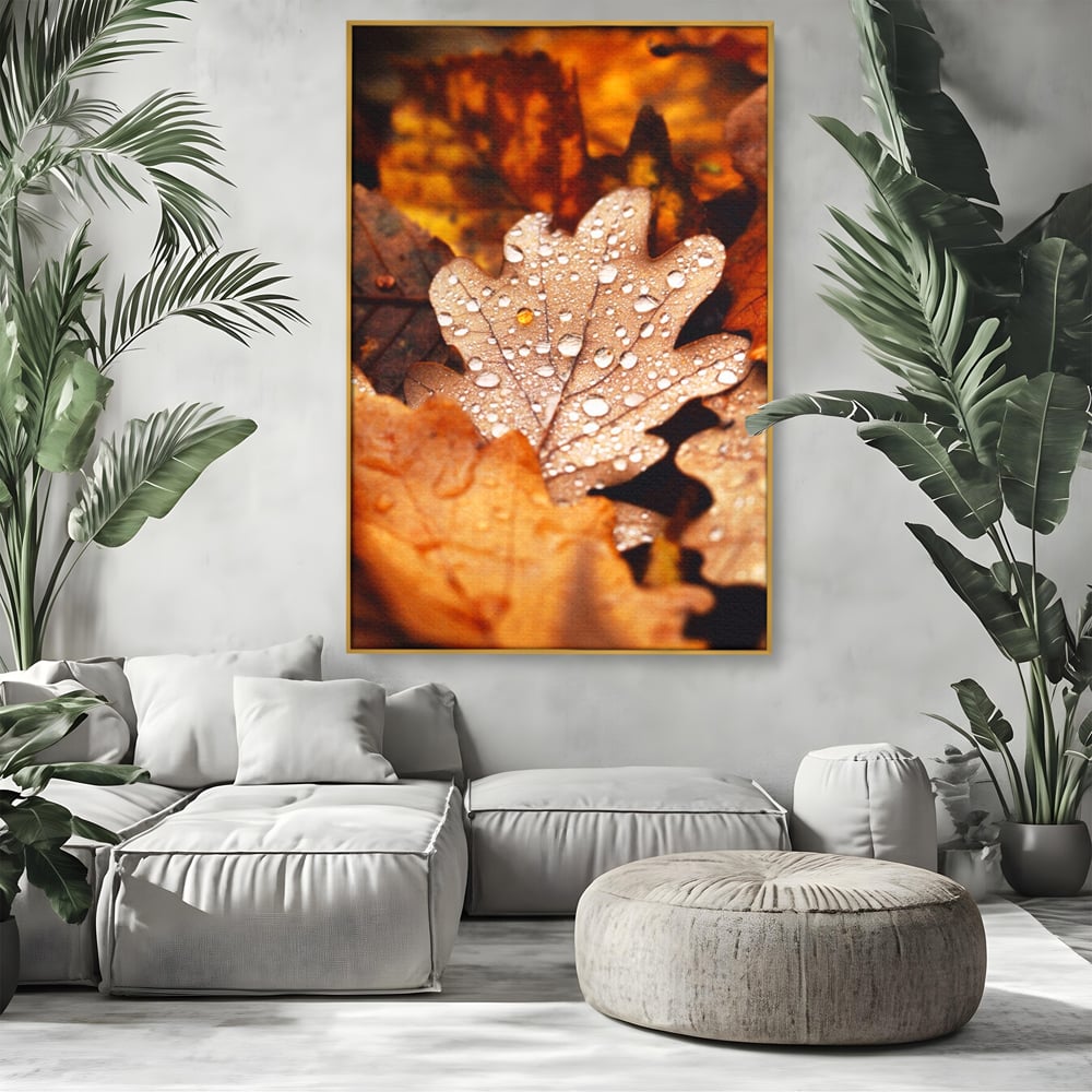 Leinwand Wandkunst Leinwand Wandkunst LuxCanva® A1362, Tautropfen , Lebendig, Blatt, Eiche, Herbst, Bernstein, Natur, Lebendige Farben