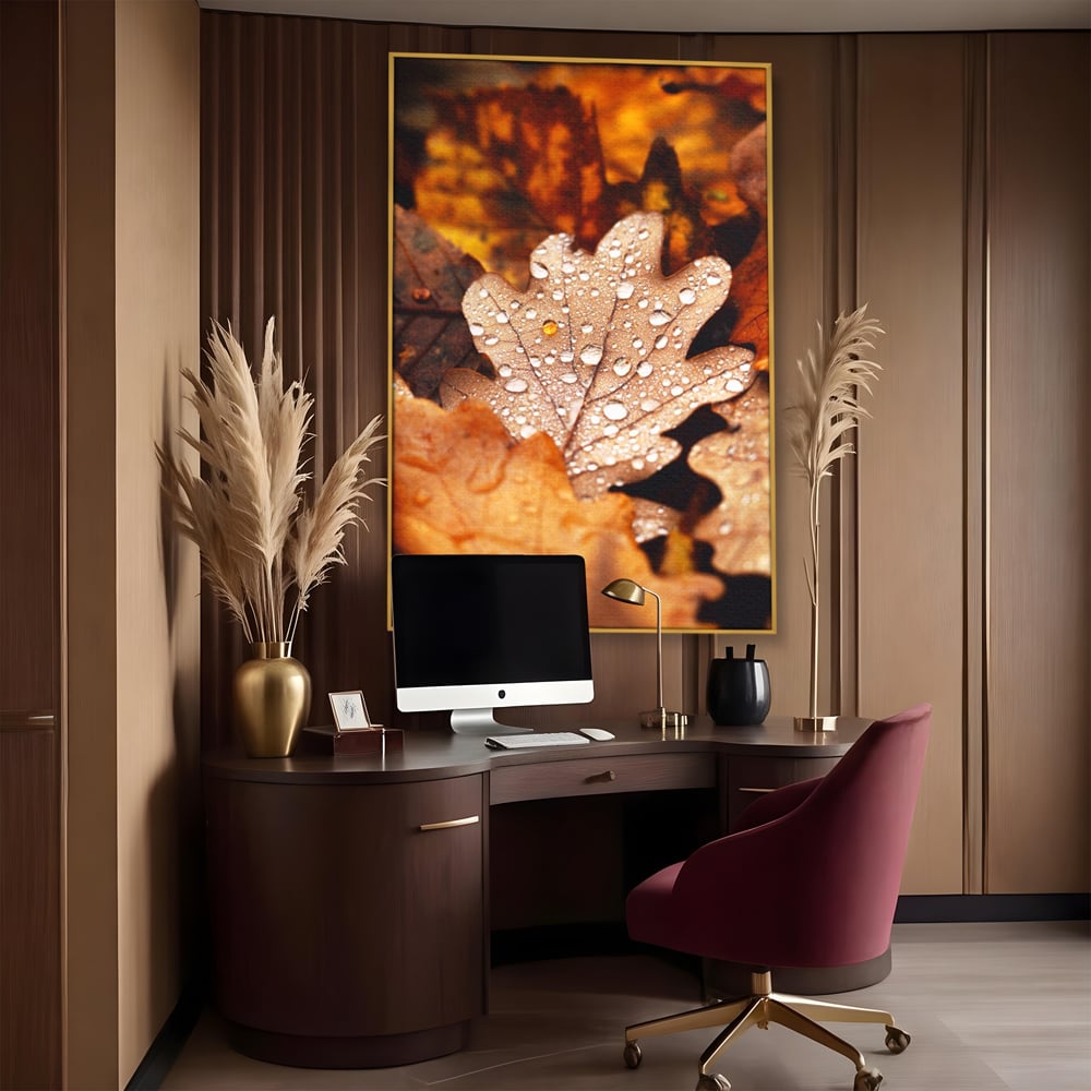 Leinwand Wandkunst Leinwand Wandkunst LuxCanva® A1362, Tautropfen , Lebendig, Blatt, Eiche, Herbst, Bernstein, Natur, Lebendige Farben