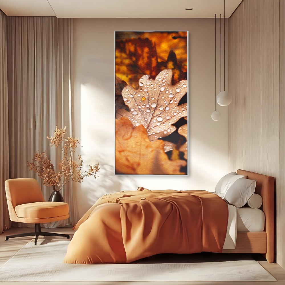 Leinwand Wandkunst Leinwand Wandkunst LuxCanva® A1362, Tautropfen , Lebendig, Blatt, Eiche, Herbst, Bernstein, Natur, Lebendige Farben