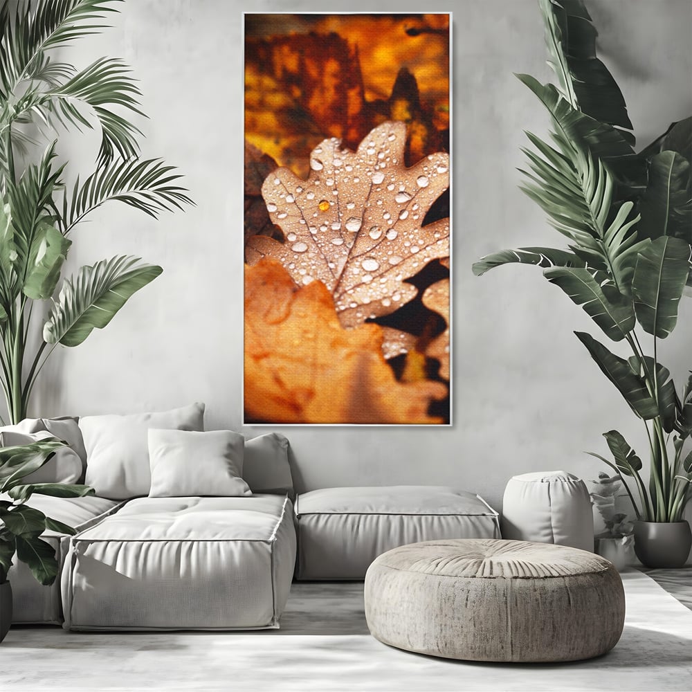 Leinwand Wandkunst Leinwand Wandkunst LuxCanva® A1362, Tautropfen , Lebendig, Blatt, Eiche, Herbst, Bernstein, Natur, Lebendige Farben
